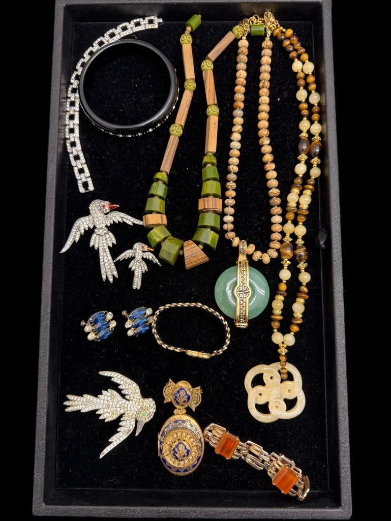 Costume Jewelry, KJL Necklace, Lisner pin Locket and more: Costume Jewelry, Kenneth Jay Lane Necklace, Lisner pin Locket, Bird Pins, Bracelets and more. Approx. 12 pieces.