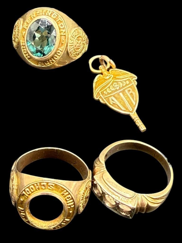 10k Gold Rings and Pendant: 10k Gold Rings and Pendant. 4 pieces. Approx. 23 grams.