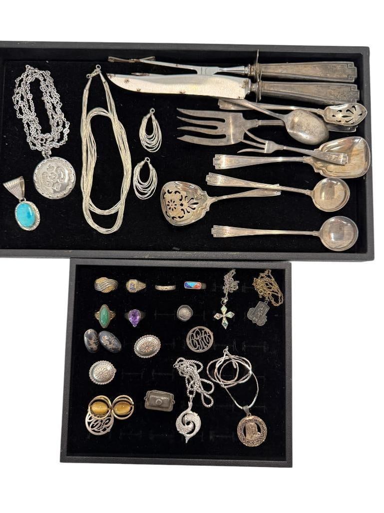 Sterling Silver Jewelry and Flatware: Group of Mostly Sterling Silver Jewelry and Flatware