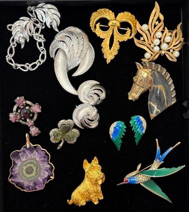 Costume Jewelry Pins by Trifari and more: Costume Jewelry Pins by Trifari Horse, Bird, Scottie Dog and more.