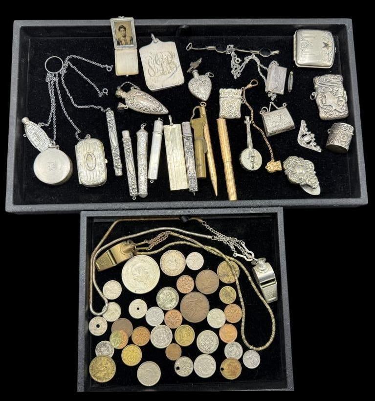 Sterling Match Safe, Pill Boxes, Foreign Coins and more: Sterling Silver Match Safe, Pill Boxes and Bracelet. Miniature purses, locket, pencil and more. Foreign Coins and ACME Thunderer Whistles, etc.