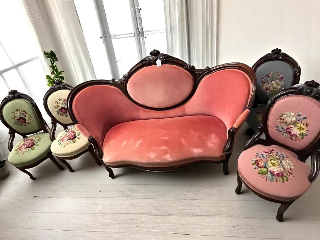 Victorian Walnut Settee and Needlepoint Parlor Chairs: Victorian Walnut Settee and Needlepoint Parlor Chairs. 5 Pieces. Settee approx. 44 x 68 x 34 inches. Chairs approx. 38 x 20 x 20 inches.