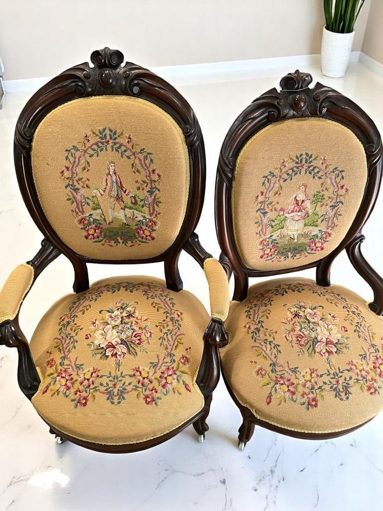 Victorian Walnut Needlepoint Parlor Chairs: Victorian Walnut Needlepoint Parlor Chairs. 2 pieces. Approx. 44 x 27 x 27 inches.