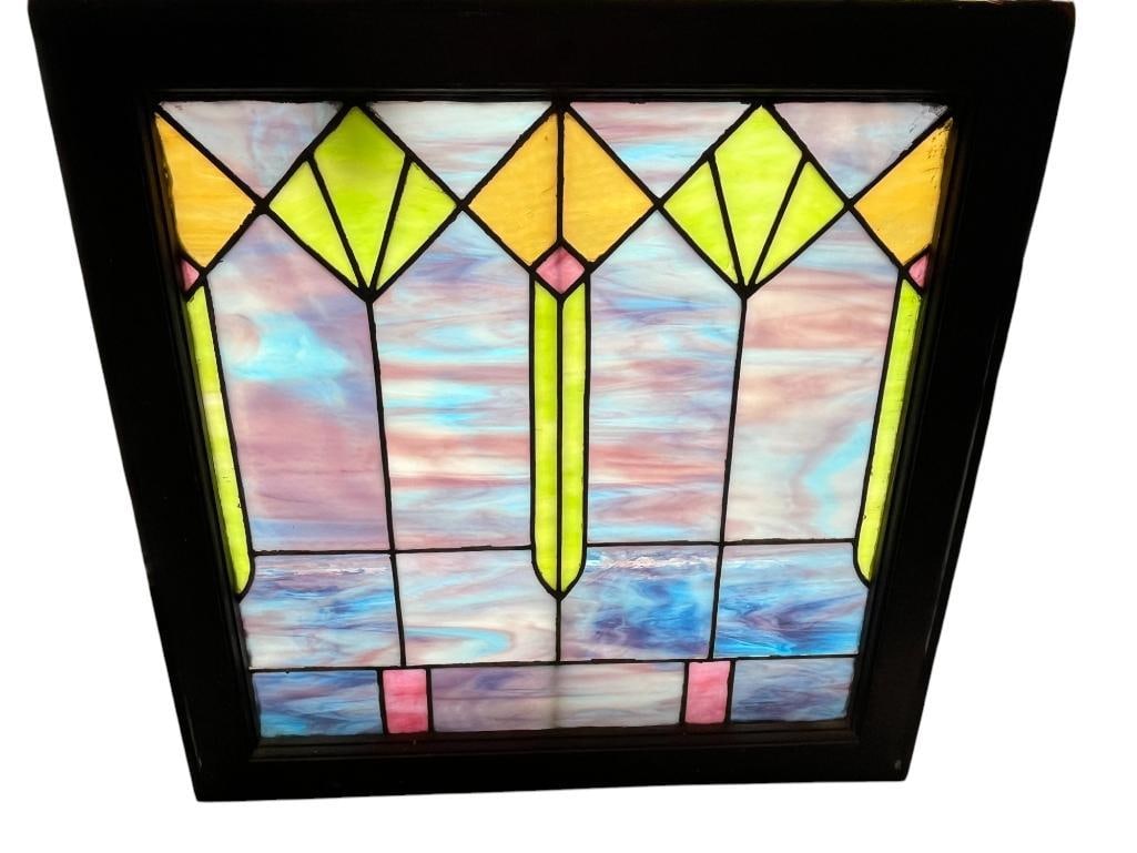 Colorful Leaded Glass Window: Colorful Leaded Glass Window. Approx. 19.5 x 19.5 inches. Frame approx. 24 x 24 inches.