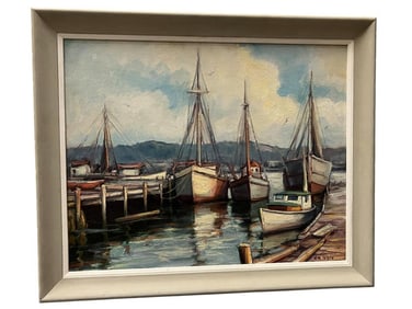 Carl Illig signed Oil on Board, Ships at the Docks