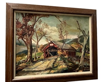 Berg signed Oil on Board, Covered Bridge