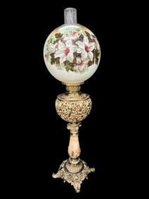 Onyx and Brass Lamp with Hand Painted Floral Shade
