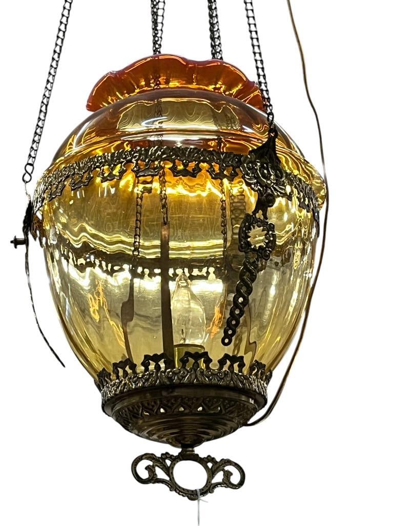 Antique Amber Hanging Lamp: Antique Amber Hanging Lamp. Lamp Approx. 15 x 12 x 12 inches.
