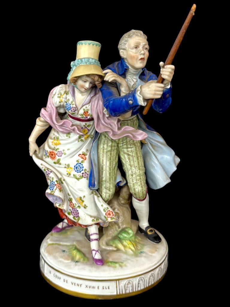 Le Coup de Vent Porcelain Figurine: The Gust of Wind Porcelain Figurine. Possible early Capodimonte mark. Approx. 10 x 7 x 7 inches.