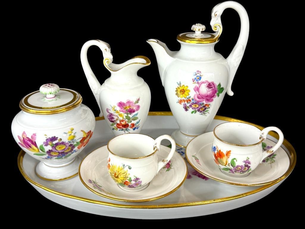 Meissen Tea Set: Meissen Tea Set with Lovely Floral Designs. 6 pieces. Tray approx. 1 x 12 x 8 inches.