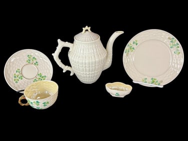 Belleek Black Mark Teapot, Cup, Saucer etc