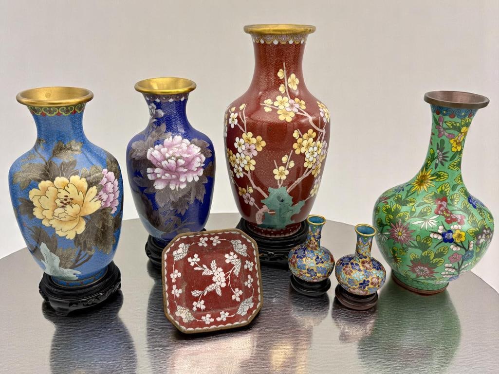Group of Chinese Cloisonne Vases and Tray: Group of Chinese Cloisonne Vases and Tray, with Bird and Flower designs. Some with stands. 7 pieces. Largest approx. 10 x 5 x 5 inches.