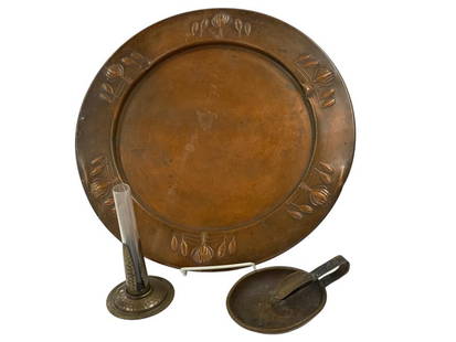 Carl Deffner Art Nouveau Tray, Roycroft Candle Holder: Carl Deffner Art Nouveau Tray, approx. 14.5 inches. Roycroft Candle holder approx. 3.5 x 3.5 x 3.5 inches. Heintz Metal Art Sterling on Bronze ashtray, approx. 4.5 x 6 inches. 3 pieces total.