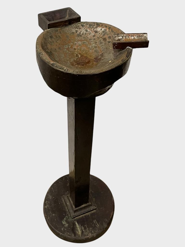 Arts and Crafts Copper and Wood Ashtray Stand: Arts and Crafts Hammered Copper and Wood Ashtray Stand. Approx. 26 x 10 x 10 inches.