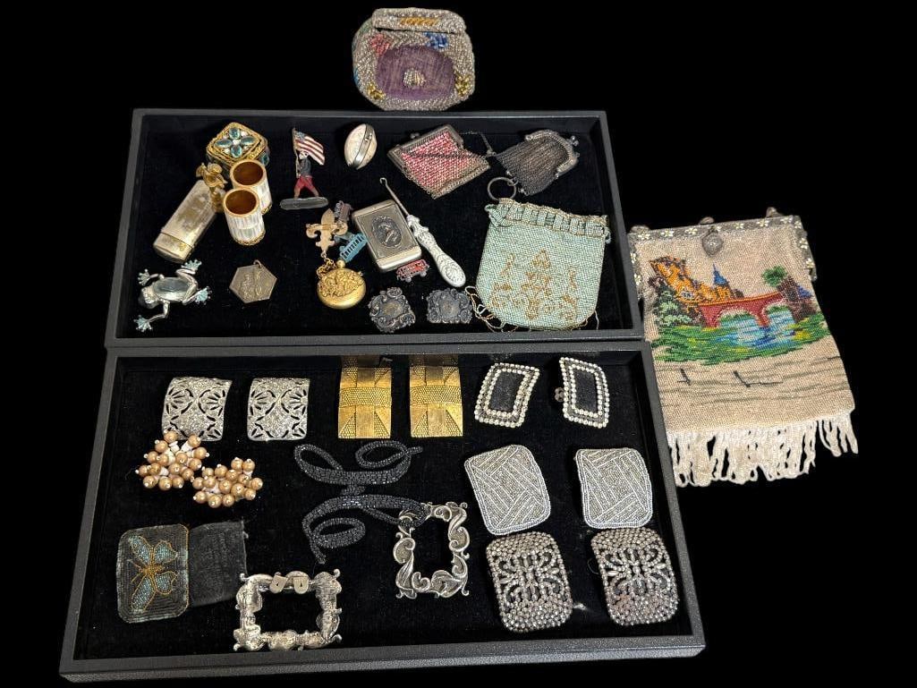 Group of Beaded Purses, Fur Clips, Frog Pin etc: Group of Beaded Purses, Fur Clips, Frog Pin, Pill boxes and more.
