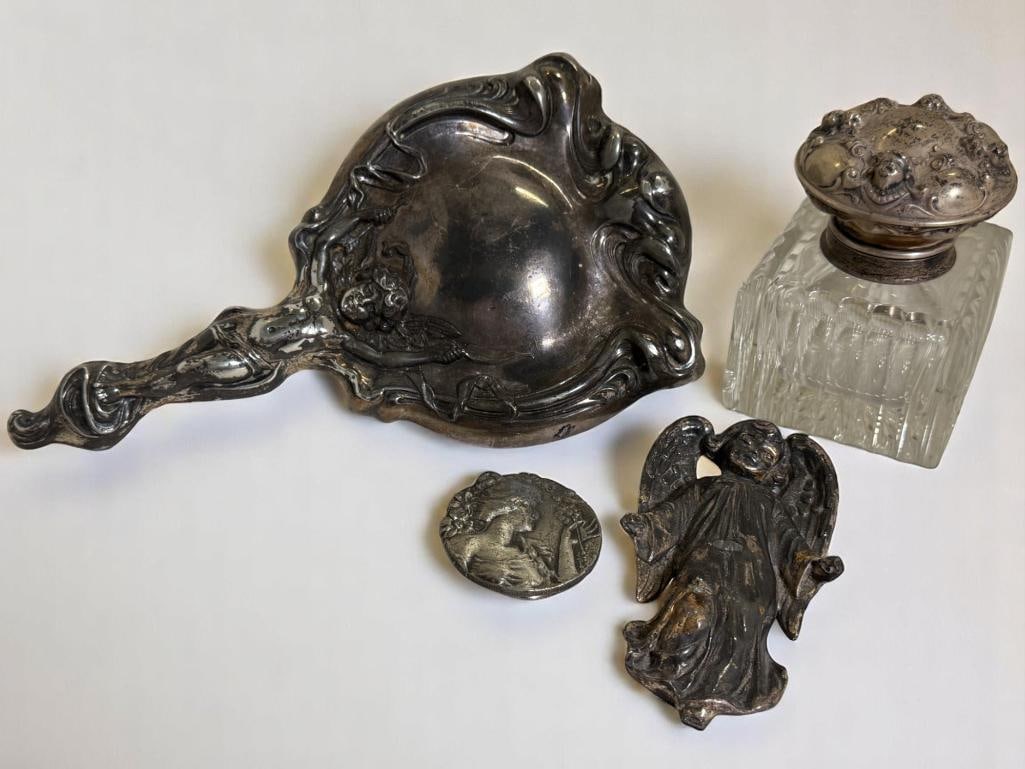 Hand Mirror, Dresser Jar, Angel and Belt Buckle: Hand Mirror, Dresser Jar, Angel and Belt Buckle. 4 pieces.