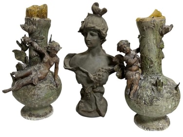 Victorian Bust of a Woman and Cherub Vases