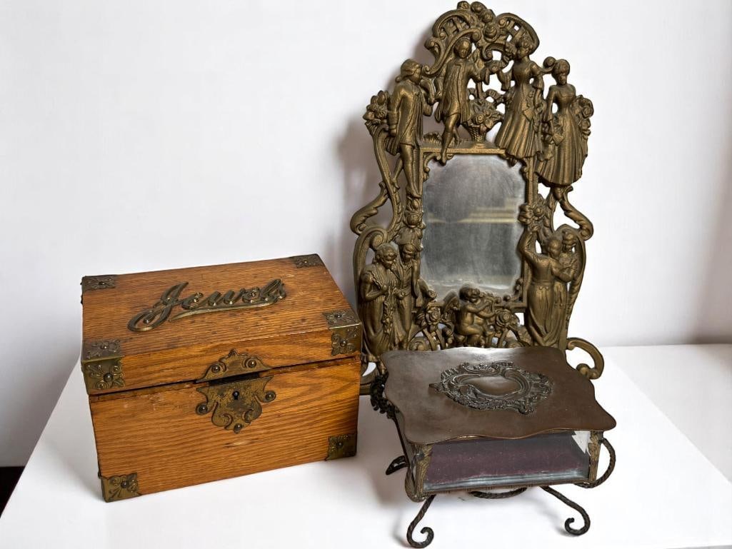 Victorian Cast Frame, Dresser Box and Jewelry Box: Victorian Cast Iron Frame, Dresser Box and Jewelry Box. Frame approx. 14.5 x 11 inches.