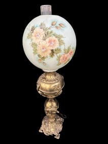 Hand Painted Floral Shade on Brass Base Lamp