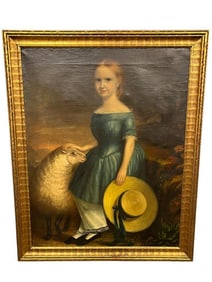 W. Dynes Oil on Canvas Portrait of a Girl with Sheep