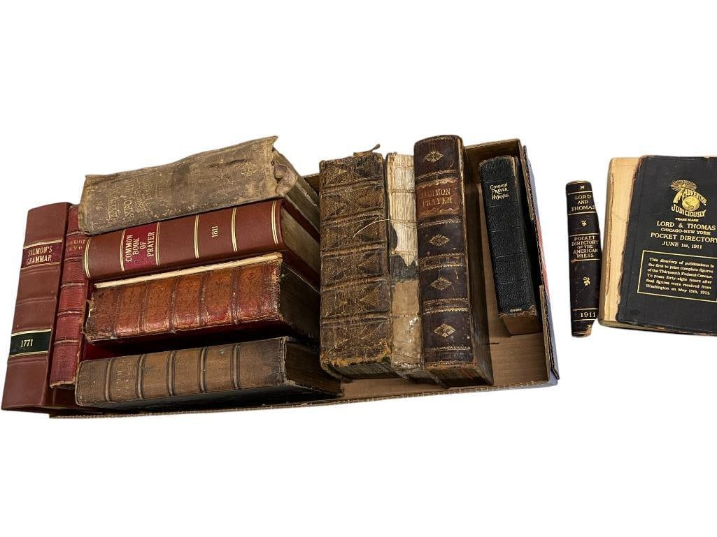 Early Books including Salmon's Grammar, Common Book of Prayer etc: Early Books including Salmon's Grammar, Common Book of Prayer, Lord and Thomas Pocket Directory of the American Press, The Centennial Exposition, etc. Approx. 11 pieces.