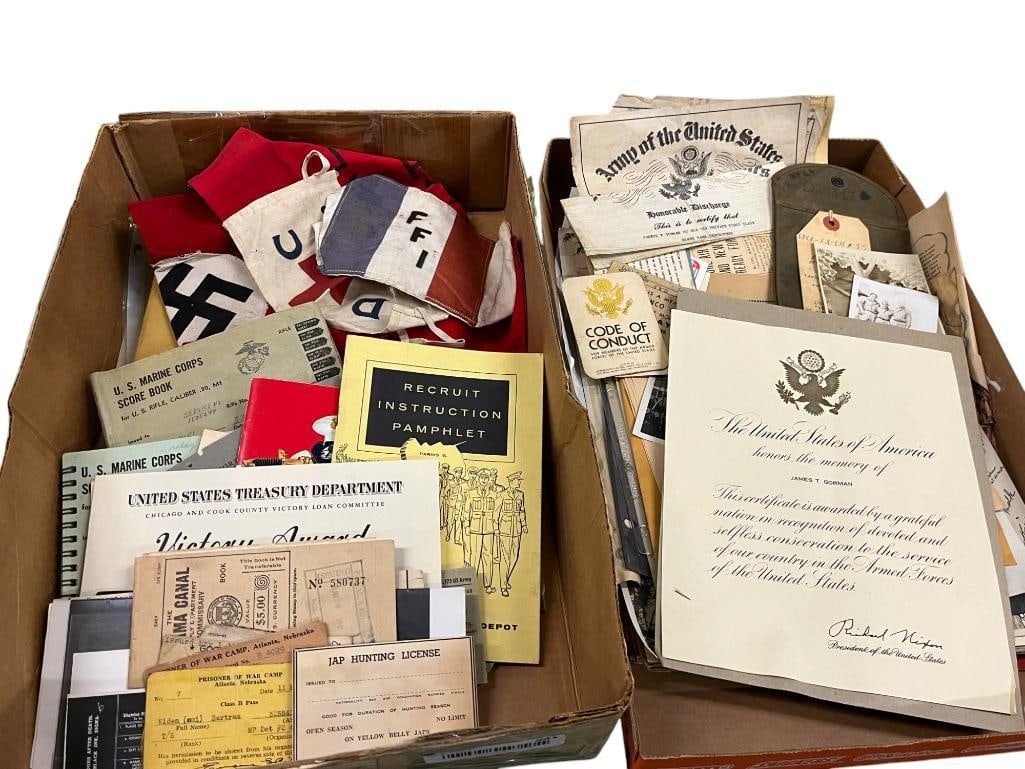 Group of Military Ephemera, Photographs and more: Group of Military Ephemera, Photographs, Nebraska Prisoner of War Camp Passes, Marine Corps Score Books, Corning Consistory Paperwork, Buffalo Red Cross Chapter Armband and more.
