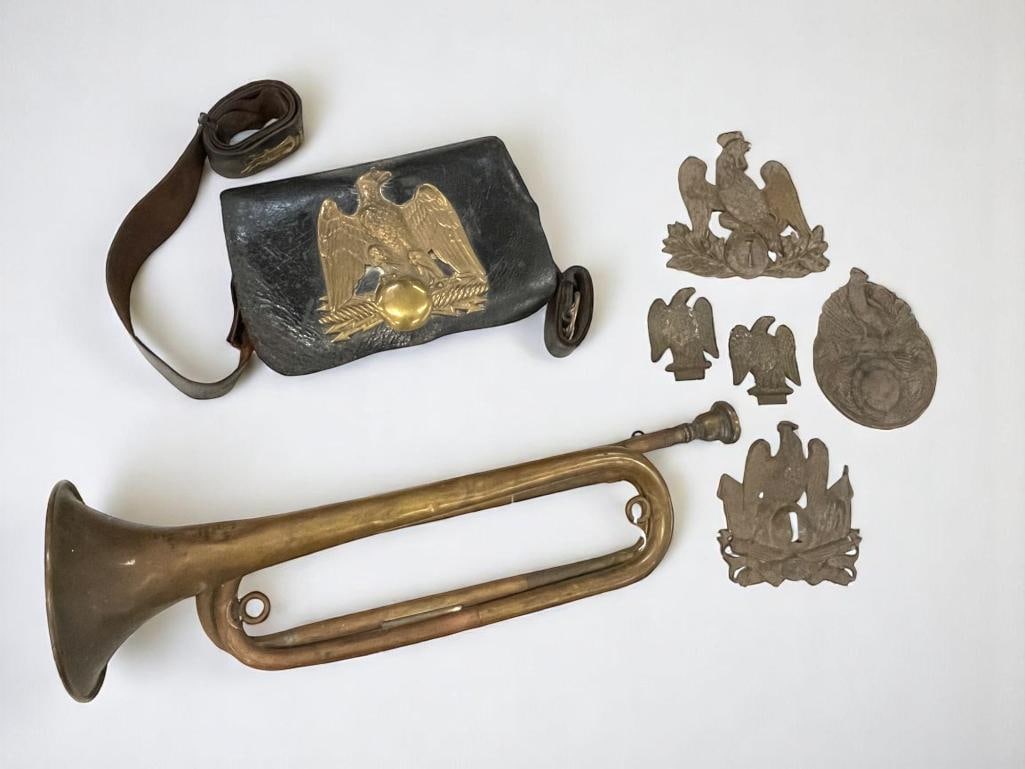 French 1870-1900 Cartridge Box, Bugle and more: French 1870-1900 Cartridge Box, Bugle and Helmet Plates. 7 pieces.