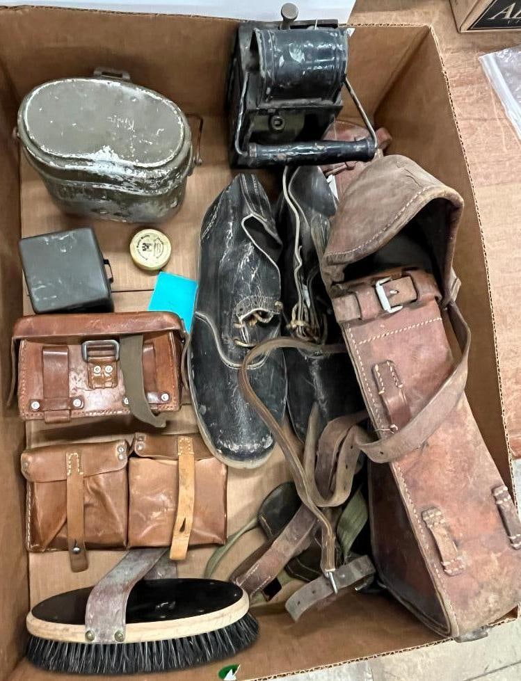 German WW2 Equipment Group: German WW2 Equipment Group including Horse Saddle Bag, Marked Railway Lantern, Camp-Workers Shoes and more.