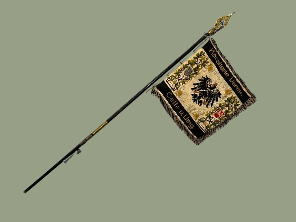 German Imperial WW1 Cavalry Veterans Flag: German Imperial WW1 Cavalry Veterans Flag with pole and Topper. Flag approx. 24 x 24 inches. Pole approx. 100 inches, breaks down into 2 pieces.