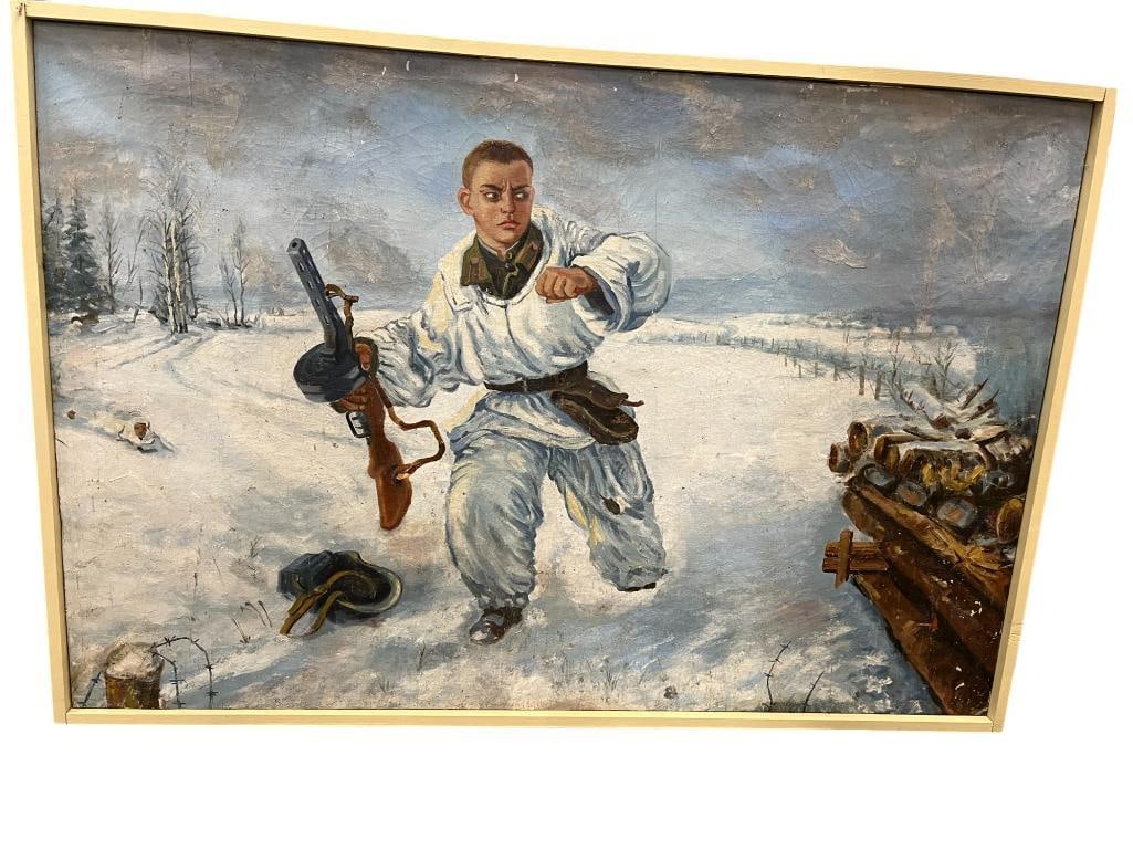 Soviet Union WW2 Oil on Canvas: Soviet Union WW2 Oil on Canvas, Winter Soldier Running. Approx. 39.5 x 58.5 inches.