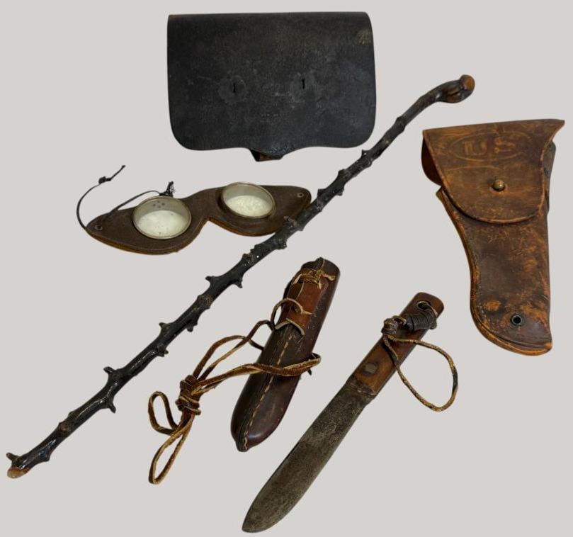 U.S. marked Holster, Cartridge Case etc: U.S. marked Holster, Cartridge Case, Goggles, Knife and Swagger Stick. 5 pieces.