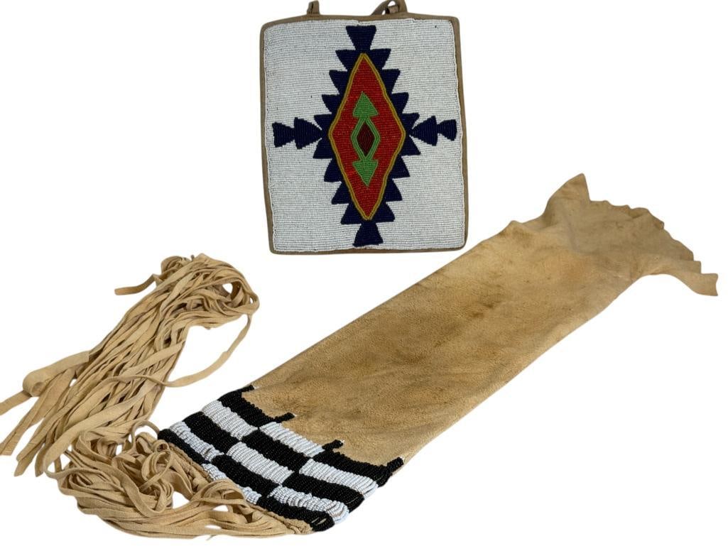 Native American Pipe Bag and Beaded Bag: Native American Pipe Bag and Beaded Bag. 2 pieces. Beaded bag approx. 7 x 8 inches.