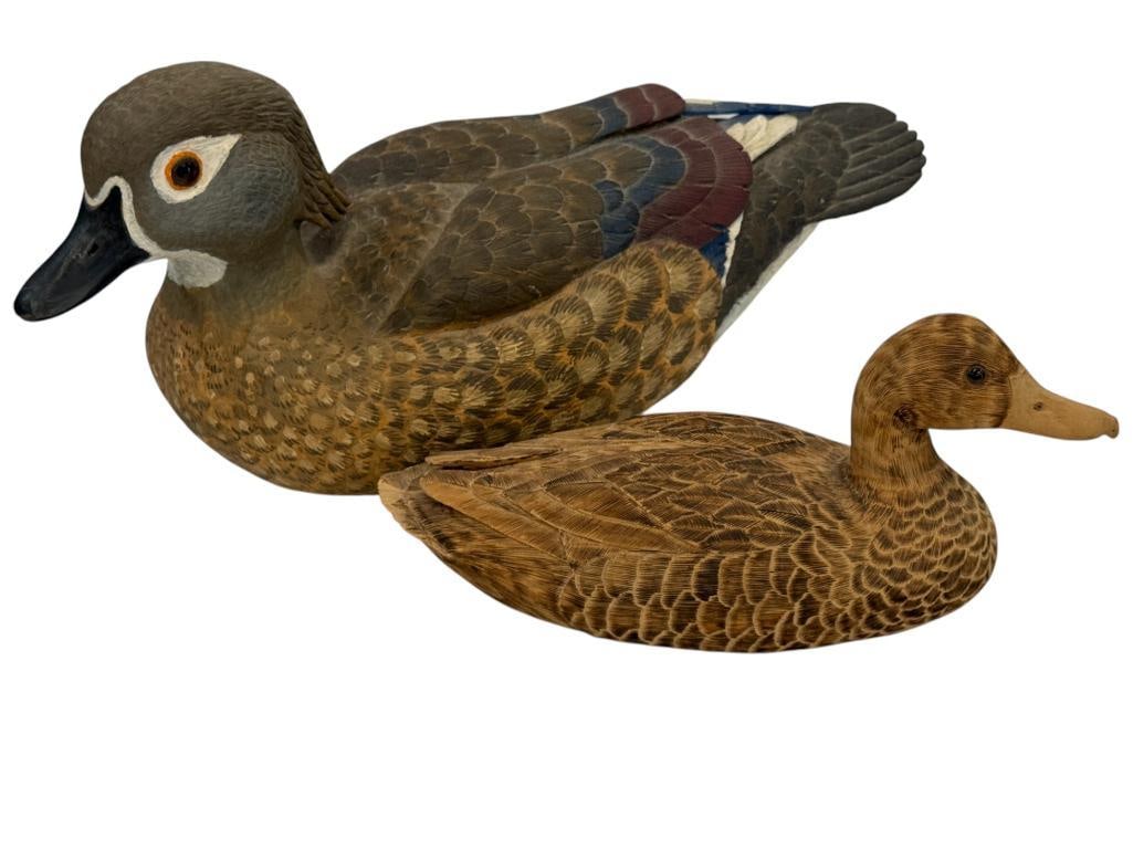 Two signed Duck Decoys: Two signed Duck Decoys. Lee Rockwood Hamburg NY 1983 small Mallard, approx. 9 x 3.5 x 4 inches and Robert M King Wood Duck, approx. 14 x 6 x 6 inches.