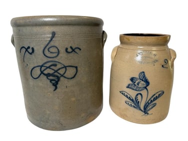 Two Blue Decorated Stoneware Crocks