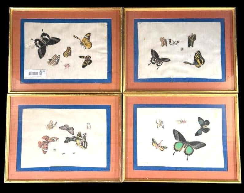 Framed Butterflies Painted on Silk: Framed Butterflies Painted on Silk. 4 pieces. Approx. 10.5 x 14 inches.