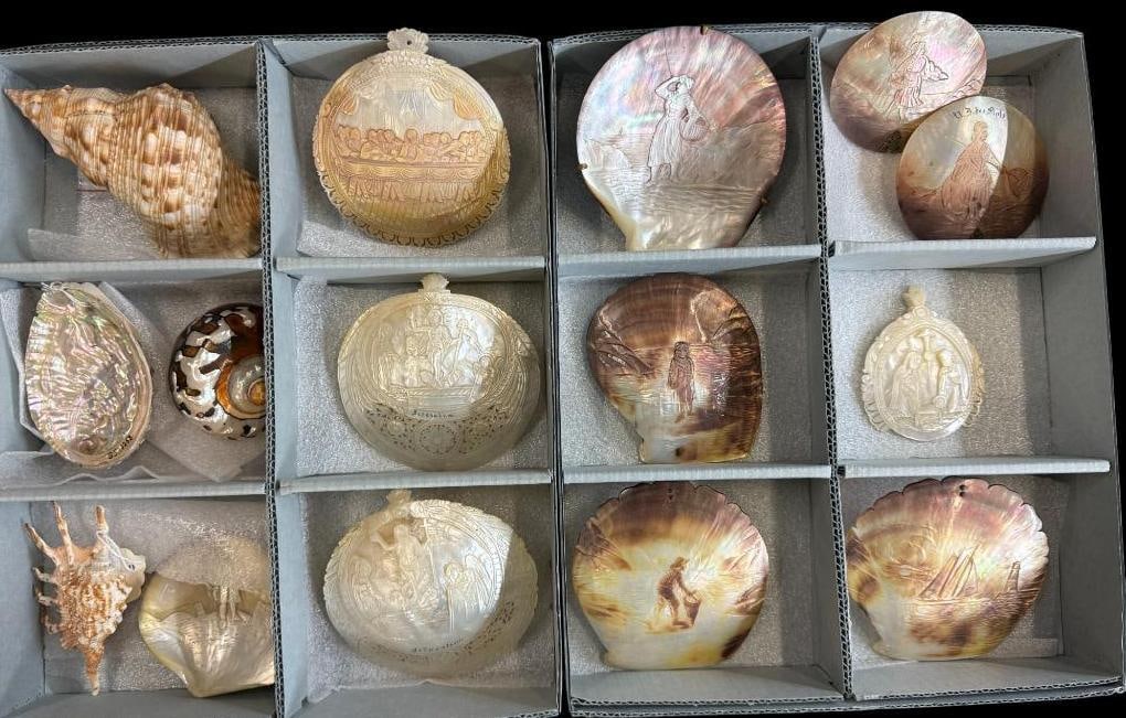 Carved Mother of Pearl Shells and more: Carved Mother of Pearl Shells with Religious Scenes, Seashells and more. Approx. 15 pieces. Approx. 5 x 5 inches.Deaccessioned from the Strong Museum