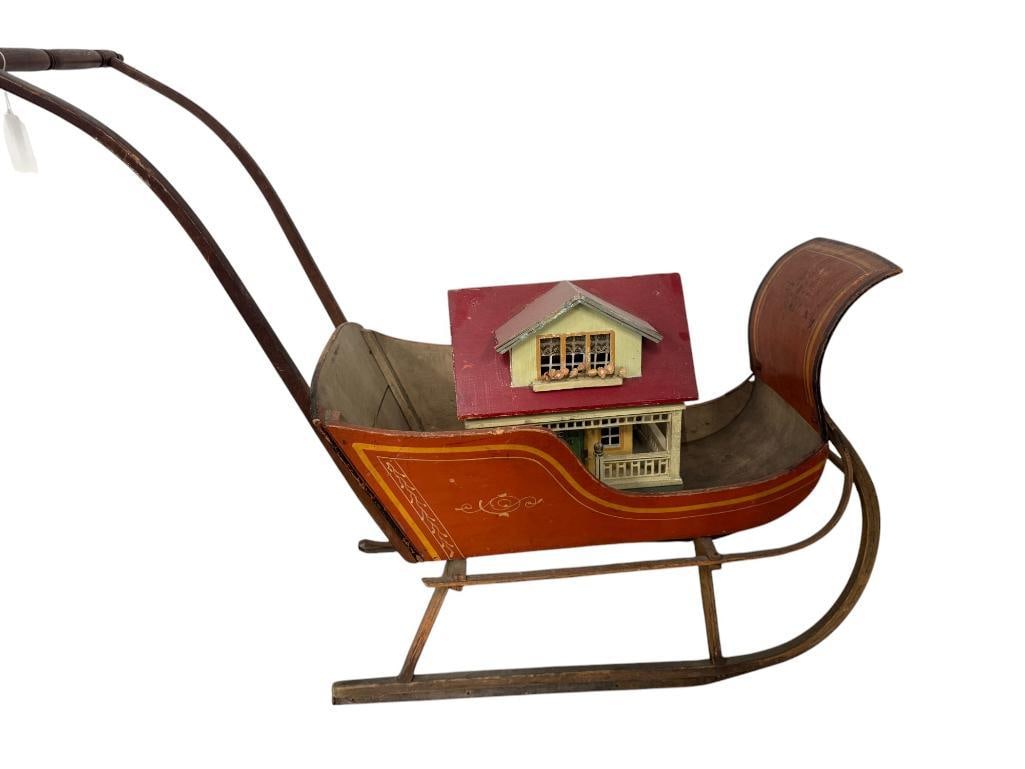 Antique Wood Child's push Sleigh and Dollhouse (1 of 6)