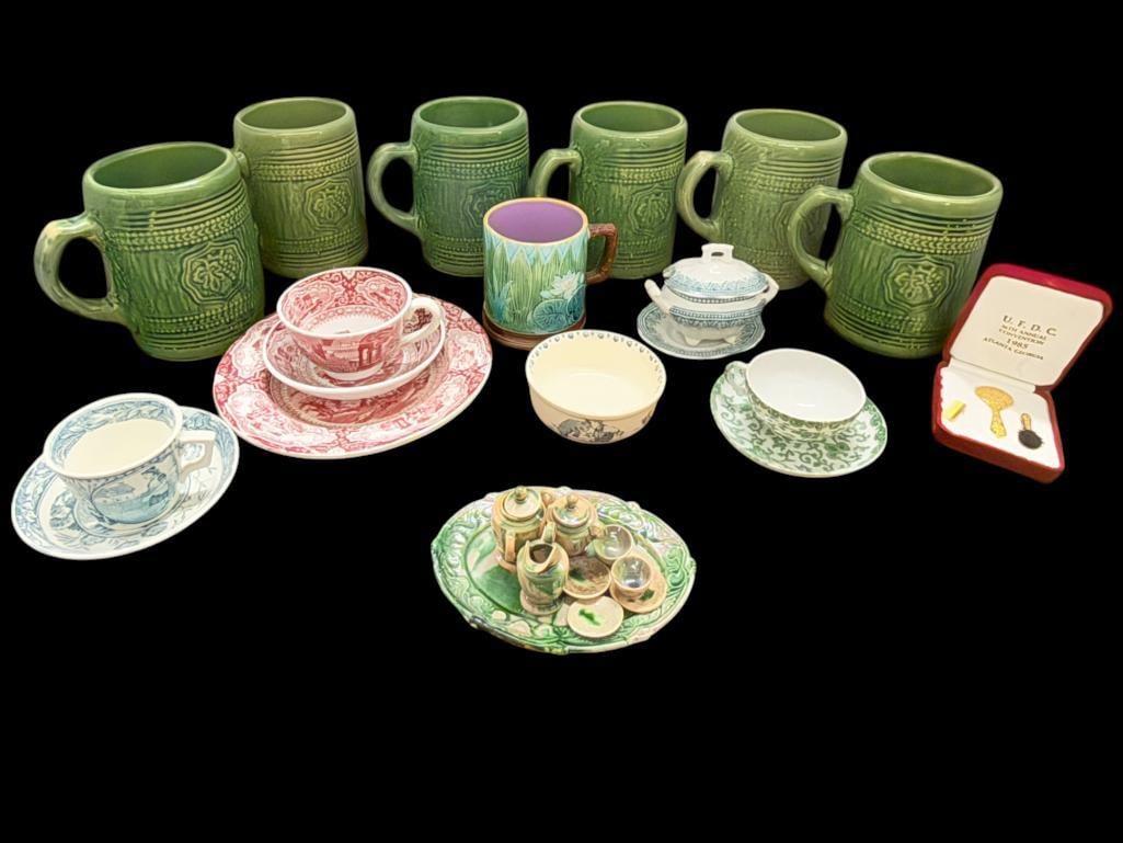 Green Pottery Tankards, Miniature Tea Set etc (1 of 8)