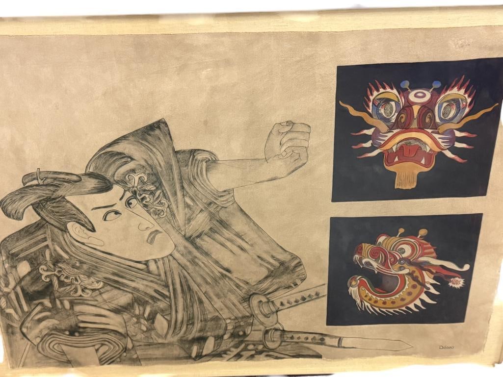 Doski signed Japanese Warrior Drawing: Doski signed Japanese Warrior Drawing. Framed approx. 36 x 47 inches.