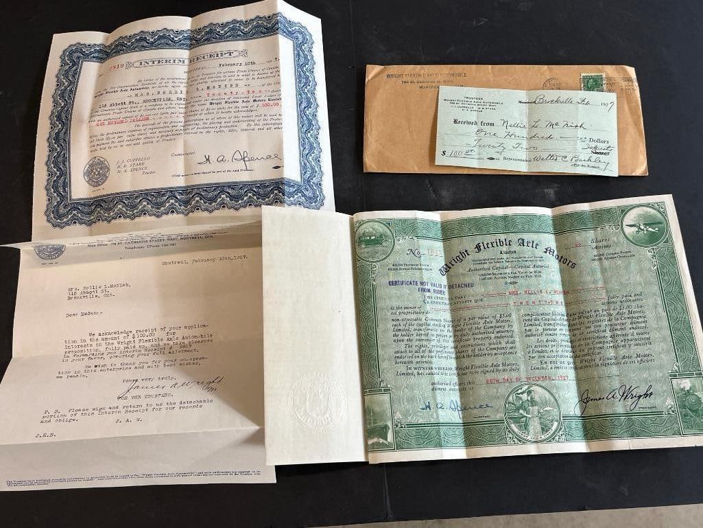 1920's Wright Flexible Axle Motors Stock Certificate: 1920's Wright Flexible Axle Motors Stock Certificate with Rider and other paperwork.