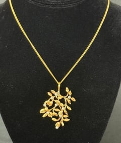 14k Gold Necklace with 18k Leaf Pendant with seed Pearls
