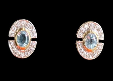 14k Gold Earrings with Diamonds and Aquamarine