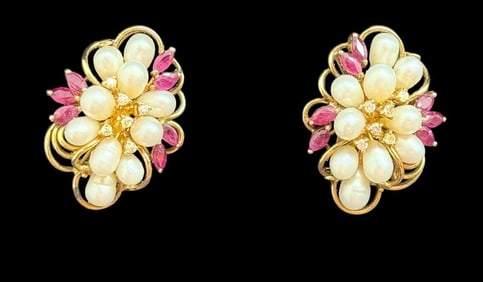 14k Gold Earrings with Pearls and Ruby Colored Stones