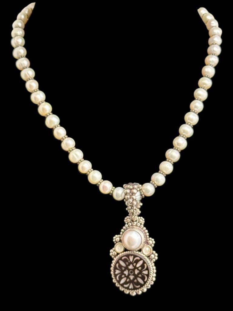 Stephen Dweck Sterling Silver and Pearl Necklace: Stephen Dweck Sterling Silver and Pearl Necklace. Clasp to Pendant approx. 7 inches.