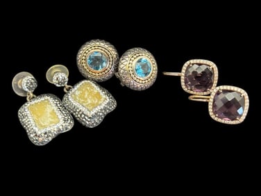 3 Pairs Sterling Silver Earrings with Semi Precious Stones