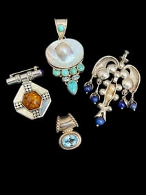 Sterling Silver Pendants and Pin with Stones