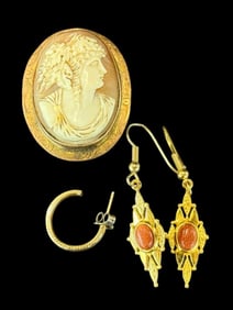 Gold Cameo Pin and Earrings