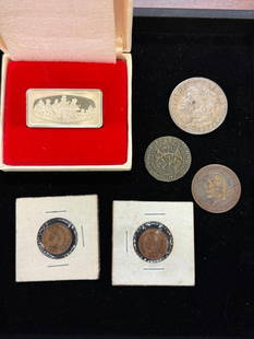 1000 Grains Sterling Silver Bar, 1889 Morgan etc: Franklin Mint 1000 Grains Sterling Silver Art Bar Christmas 1978, 1889 Morgan Dollar, 1929 British One Penny, 1903 and 1905 Indian Head Cent and 1787 Columbia coin. 6 pieces.