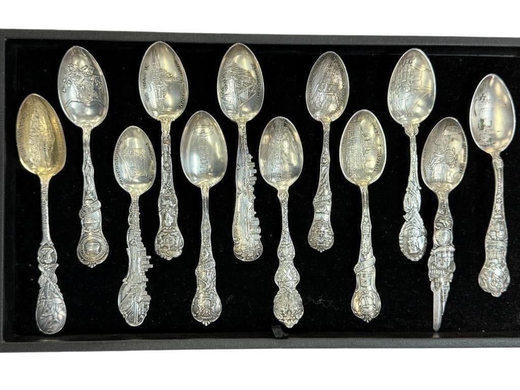 12 Sterling Silver Souvenir Spoons: 12 Sterling Silver Souvenir Spoons from Baltimore, Boston, Kansas City, Fort Pitt, Rhode Island and more. Approx. 10 ozt.