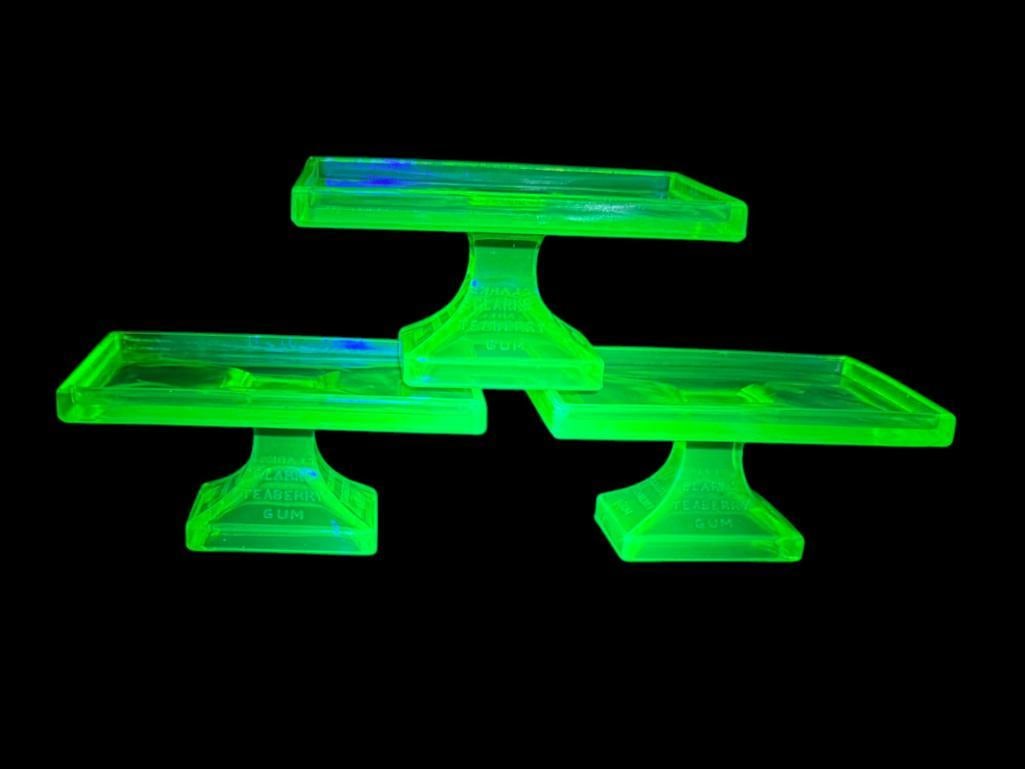 3 Clark's Teaberry Gum Vaseline Glass Display Stands: 3 Clark's Teaberry Gum Vaseline Glass Display Stands. Approx. 3.25 x 7 x 4.5 inches.